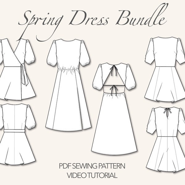 Spring Dress Sewing Pattern Bundle Women Dress Pattern Mini Dress Pattern Midi Dress Sewing Pattern Puff Sleeve PDF Dress Pattern