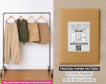 May include: A display of cargo-style clothing, including pants, shorts, and a vest, hanging on a metal rack. A kraft paper envelope with a sewing pattern label is on the right. The label reads "Cargo Style Sewing Patterns Bundle" and includes a QR code.