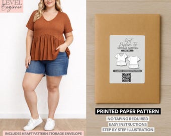 Patrón de costura estampado para top de punto con volantes para mujer de tallas grandes (0XL–4XL)