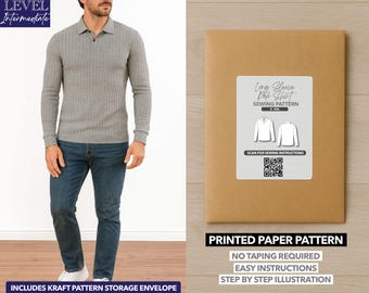 May include: A man wearing a gray long-sleeve polo shirt and blue jeans. A brown paper pattern envelope with a white label that reads "Long Sleeve Polo Shirt Sewing Pattern". The label includes illustrations and a QR code.