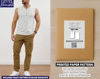 May include: A man wearing a white sleeveless Henley shirt and brown cargo pants. A brown paper pattern envelope with a white label that reads "Button Front Tank Top Sewing Pattern" is on the right. The text "Printed Paper Pattern" is below the envelope.