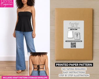 Peut inclure: Un haut tube noir et un jean bleu sont portés par une personne. Un patron de couture en papier brun avec une étiquette blanche indiquant "Enckless Tube Top Sewing Pattern" est également présenté. Le patron comprend des instructions faciles et des illustrations étape par étape.