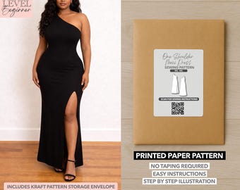 May include: A black one-shoulder maxi dress with a high slit. Next to it is a brown paper pattern envelope labeled "One Shoulder Maxi Dress Sewing Pattern." The envelope includes a QR code and the text "Printed Paper Pattern."