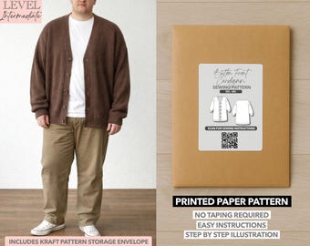 Patrón de costura estampado para cárdigan de hombre de tallas grandes con botones delanteros (2XL–6XL)