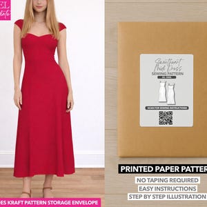 May include: A red midi dress with a sweetheart neckline and cap sleeves. Next to the dress is a brown paper pattern envelope with a label that reads "Sweetheart Midi Dress Sewing Pattern." The envelope also states "Printed Paper Pattern."