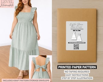 May include: A light green maxi dress with ruffle sleeves and a square neckline. The dress is worn by a person. A brown paper pattern envelope with the text "Ruffle Sleeve Maxi Dress Sewing Pattern" is also shown. The pattern includes easy instructions.