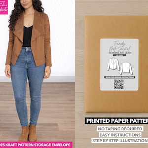 May include: A woman wearing a brown suede jacket and blue jeans stands next to a brown paper pattern envelope. The envelope has a white label with the text "Trendy Moto Jacket Sewing Pattern" and illustrations. The pattern includes a kraft pattern storage envelope.