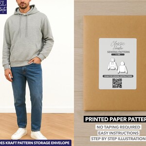 May include: A man wearing a gray hoodie and blue jeans. Next to him is a brown paper pattern envelope with a white label that reads "Classic Hoodie Sewing Pattern." The label includes illustrations and the text "Printed Paper Pattern" and "No Taping Required."