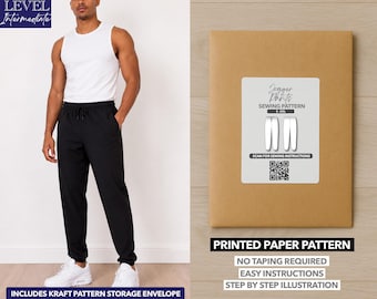 May include: A man wearing a white tank top and black joggers. A brown paper pattern envelope with a white label that says "Jogger Pants Sewing Pattern" is on the right. The text "Printed Paper Pattern" and other details are below.