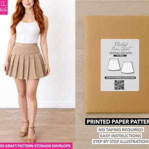 May include: A woman wearing a tan pleated mini skirt and a white tank top. Next to her is a brown paper pattern envelope with a label that reads "Pleated Mini Skirt Sewing Pattern." The text "Printed Paper Pattern" is also visible.