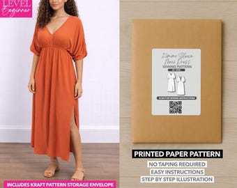 May include: An orange maxi dress with a V-neck and short sleeves is modeled. A kraft paper envelope with a sewing pattern label is displayed. The label reads "Kimono Sleeve Maxi Dress Sewing Pattern" and includes QR code and illustrations. The text "Printed Paper Pattern" is also visible.