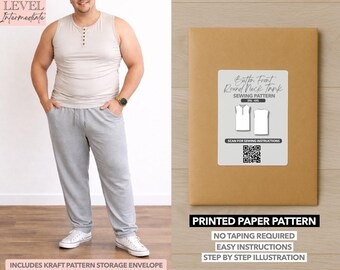 Patrón de costura estampado para camiseta sin mangas de cuello redondo para hombre de tallas grandes (2XL–6XL)