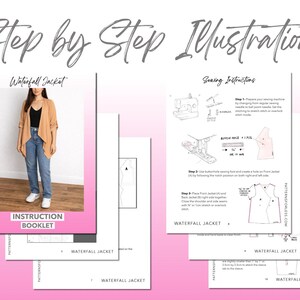 Waterfall Jacket sewing pattern instruction booklet showing step by step illustrations to make the garment.