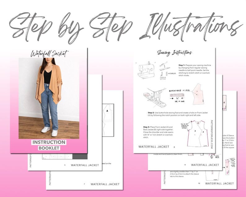 Waterfall Jacket sewing pattern instruction booklet showing step by step illustrations to make the garment.