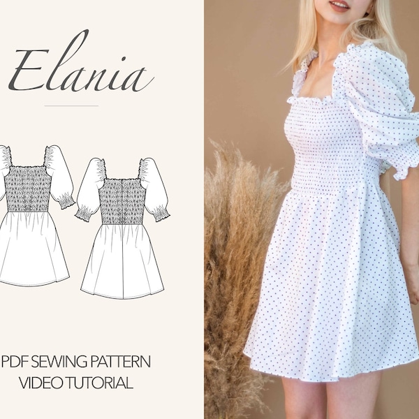 Smock Dress Sewing Pattern Women Dress Pattern Milkmaid Dress Sewing Pattern Puff Sleeve Dress Pattern Mini Dress PDF Pattern