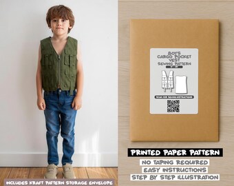May include: A young person wearing a green cargo pocket vest and blue jeans. The image also shows a brown paper pattern envelope with the text "BOYS CARGO POCKET VEST SEWING PATTERN". The envelope includes the text "PRINTED PAPER PATTERN".