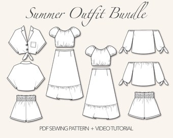 Summer Outfit Bundle Sewing Pattern Crop Top Sewing Pattern Shorts Pattern Midi Skirt Sewing Pattern Off Shoulder Blouse PDF Sewing Pattern
