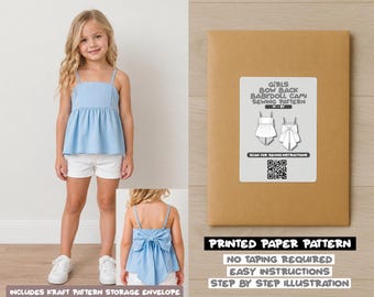 May include: A light blue camisole with thin straps and a large bow on the back, paired with white shorts. The product includes a brown kraft paper envelope with a label titled Girls Bow Back Babydoll Cami Sewing Pattern and a QR code.
