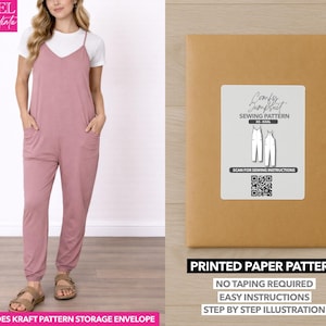 May include: A woman wearing a dusty rose jumpsuit with a white t-shirt underneath. The image also shows a brown paper pattern envelope with a label that reads "Comfy Jumpsuit Sewing Pattern." The pattern includes a QR code and the text "Printed Paper Pattern."