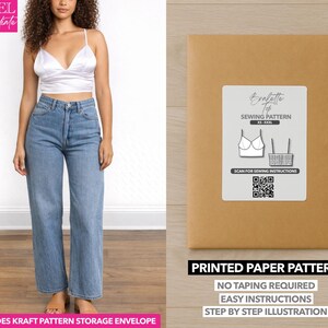May include: A woman wearing a white satin bralette and blue jeans. A brown paper pattern envelope with a white label that reads "Bralette Top Sewing Pattern" and includes a QR code and illustrations. Text on the envelope reads "Printed Paper Pattern".