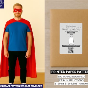 May include: A person wearing a red cape, mask, blue shirt, and black pants. Beside the person is a brown paper pattern envelope with a white label that reads "Superhero Mask + Cape Set Sewing Pattern". The text "Printed Paper Pattern" is also visible.