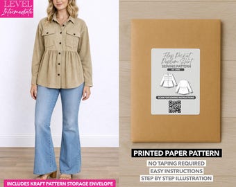 Può includere: Una donna indossa una camicia di velluto a coste beige e jeans blu. Accanto a lei, una busta di carta marrone con un'etichetta bianca che recita "Flap Pocket Peplum Shirt Sewing Pattern". È visibile anche il testo "Printed Paper Pattern".