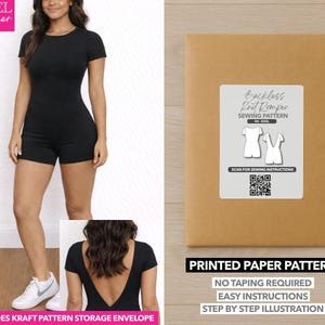 May include: A black romper with a round neck and short sleeves. The image also shows a kraft paper pattern envelope with a label that reads "Backless Knit Romper Sewing Pattern". The pattern includes easy instructions and step-by-step illustrations.