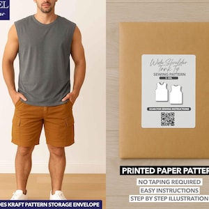 May include: A man wearing a gray tank top and brown cargo shorts. A brown paper pattern envelope with a white label that reads "Wide Shoulder Tank Top Sewing Pattern" is on the right. The text "Printed Paper Pattern" is below the label.