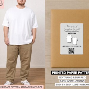 May include: A person wearing a white oversized t-shirt and khaki pants. A kraft paper envelope with a label that reads "Oversized Longline T-shirt Sewing Pattern" is also in the image. The text "Printed Paper Pattern" is at the bottom.