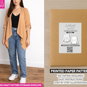 May include: A woman wearing a tan waterfall jacket, black top, and blue jeans. A brown paper pattern envelope with a white label that reads "Waterfall Jacket Sewing Pattern" is on the right. The text "Printed Paper Pattern" is below.
