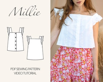 Ruffle Strap Button-Up Tank Top | Millie Top Pattern | PDF sewing pattern | Instant Download | UK 4-22/US 0-18 | U.S letter, A4, A0