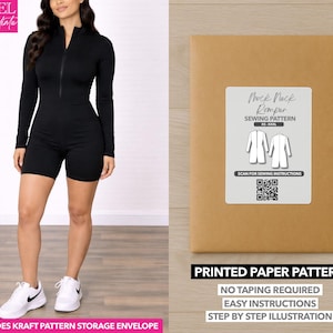 May include: A black mock neck romper with long sleeves and shorts. The image also shows a brown paper pattern envelope with a label that reads "Mock Neck Romper Sewing Pattern." The pattern includes a QR code and the text "Printed Paper Pattern."