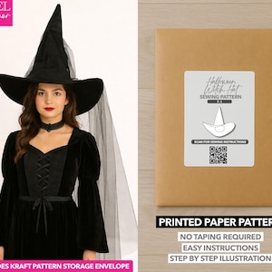 May include: A woman wearing a black witch hat with a wide brim and a long black veil. She is wearing a black dress with a corset-style bodice. A brown paper pattern package with a white label that reads "Halloween Witch Hat Sewing Pattern" is also shown.