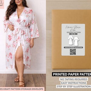 May include: A white floral print robe with a matching belt. The image also shows a sewing pattern in a kraft paper envelope. The pattern includes a kimono sleeve robe design, with easy instructions and step-by-step illustrations.