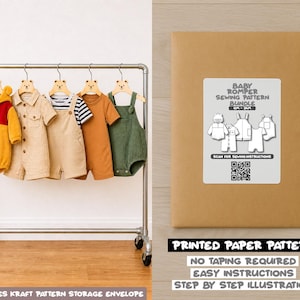 May include: A metal clothing rail holds five baby rompers in different colours and designs, including a yellow and red Winnie the Pooh-themed romper. A brown paper pattern envelope is next to the rail, with text that reads "Baby Romper Sewing Pattern Bundle".