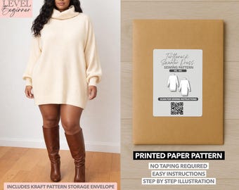 Plus Size Women Turtleneck Oversized Sweater Dress Printed Sewing Pattern – Paper Pattern (0XL–4XL)