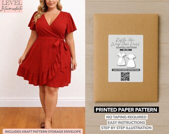 Mini-robe cache-cœur grande taille imprimée avec ourlet à volants - Patron en papier (0TG-4XL)