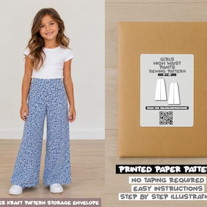 May include: A sewing pattern for high waist pants in a kraft paper envelope. The label features the text GIRLS HIGH WAIST PANTS SEWING PATTERN 1Y-8Y, a line drawing of pants, a QR code, and the text SCAN FOR SEWING INSTRUCTIONS.
