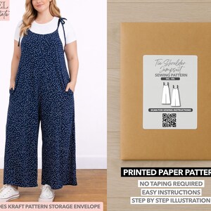 May include: A woman wearing a navy blue jumpsuit with white polka dots and tie shoulder straps. The jumpsuit has pockets and is paired with a white t-shirt and white sneakers. A kraft paper envelope with a sewing pattern label is also shown.