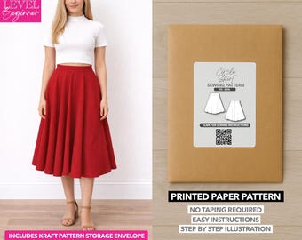 May include: A woman wearing a white top and a red skirt. A brown paper pattern envelope with a white label that says "Circle Skirt Sewing Pattern" is on the right. The text "Printed Paper Pattern" is below the envelope.