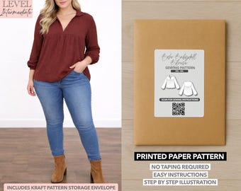 Plus Size Babydoll-Bluse mit V-Ausschnitt, gedrucktes Schnittmuster - Papiermuster (0XL-4XL)