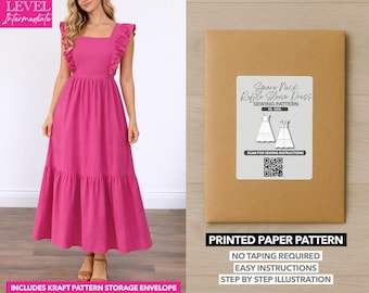 Square Neck Ruffle Sleeve Maxi Dress Printed Sewing Pattern – Paper Pattern (XS–XXXL)