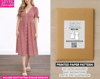 Robe midi boutonnée aux manches nouées Patron de couture imprimé - Patron en papier (XS-XXXL)