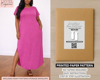 Patron de couture de robe longue en tricot grande taille - col rond, modèle en papier (0XL-4XL)