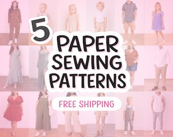 May include: An image featuring the text "5 PAPER SEWING PATTERNS" in a bold, black font. The image showcases various clothing items, including dresses, jumpsuits, and tops, suggesting a collection of sewing patterns for different garments.
