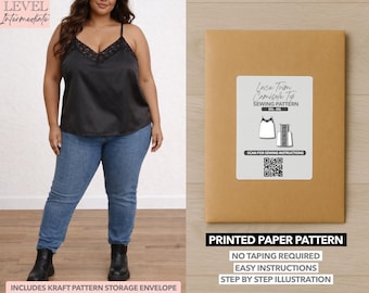 May include: A woman wearing a black camisole with lace trim and blue jeans. Next to her is a brown paper pattern envelope with a label that reads "Lace Trim Camisole Top Sewing Pattern." The text "Printed Paper Pattern" is also visible.