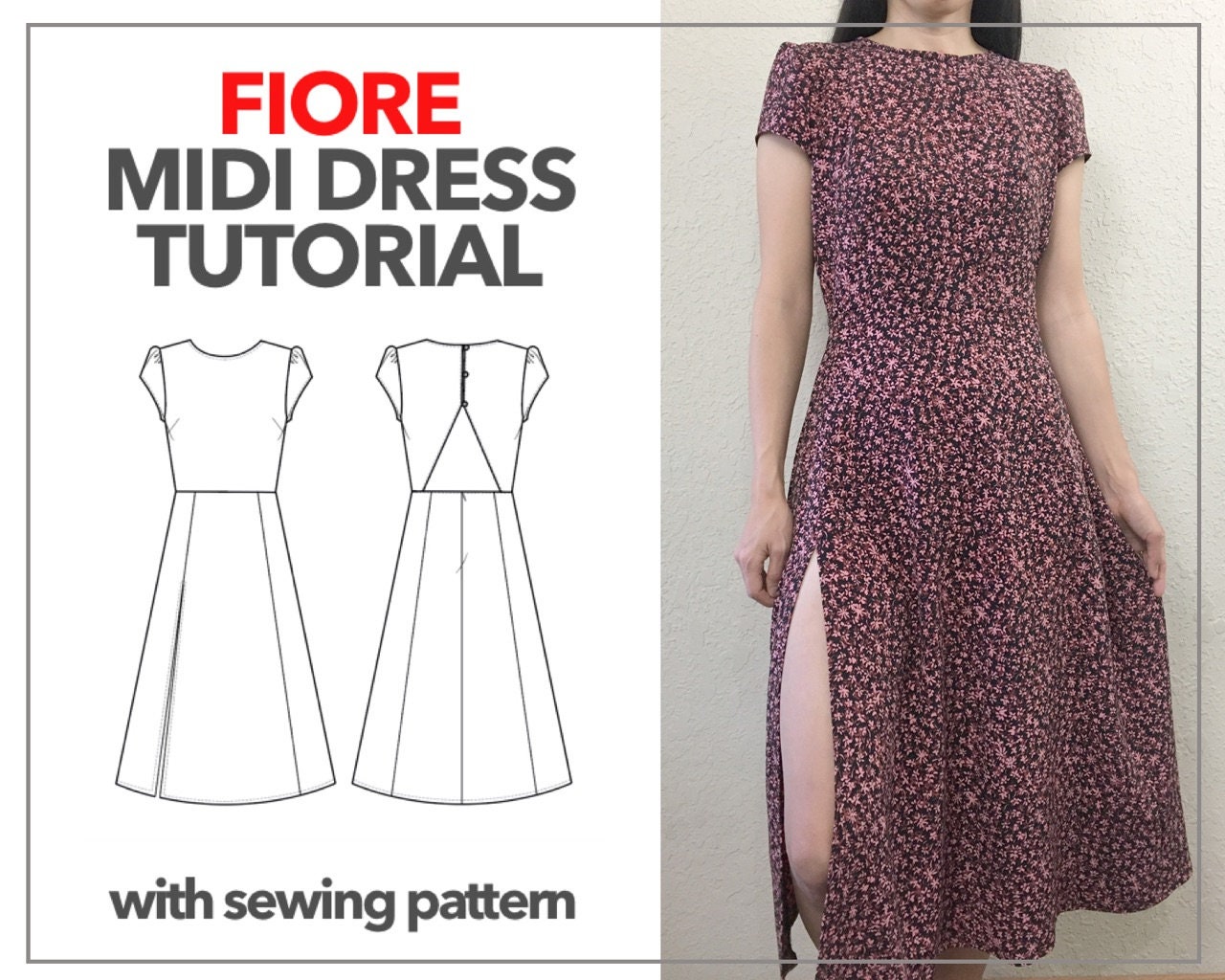 Womens puff cap sleeve high slit dress | Fiore midi dress | PDF sewin…