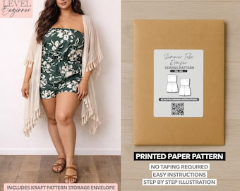 May include: A woman wearing a green floral print romper and a beige kimono with fringe. A brown paper pattern envelope with a label that reads "Summer Tube Romper Sewing Pattern" is also shown. The text "Printed Paper Pattern" is visible.
