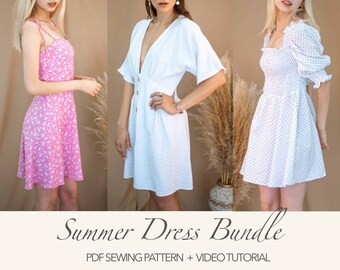 Summer Dress Sewing Pattern Bundle Women Dress Pattern PDF Dress Pattern Mini Dress Pattern Kimono Dress Pattern Puff Sleeve Smock Dress