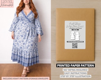 Plus Size Bell Sleeve Wrap Maxi Dress Printed Sewing Pattern – Paper Pattern (0XL–4XL)